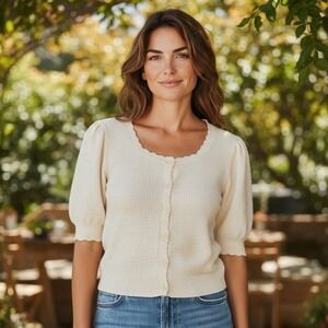 VTG Ivory Cream Short Sleeve Knit Cottagecore Cardigan L Gilmore Girls Fairycore